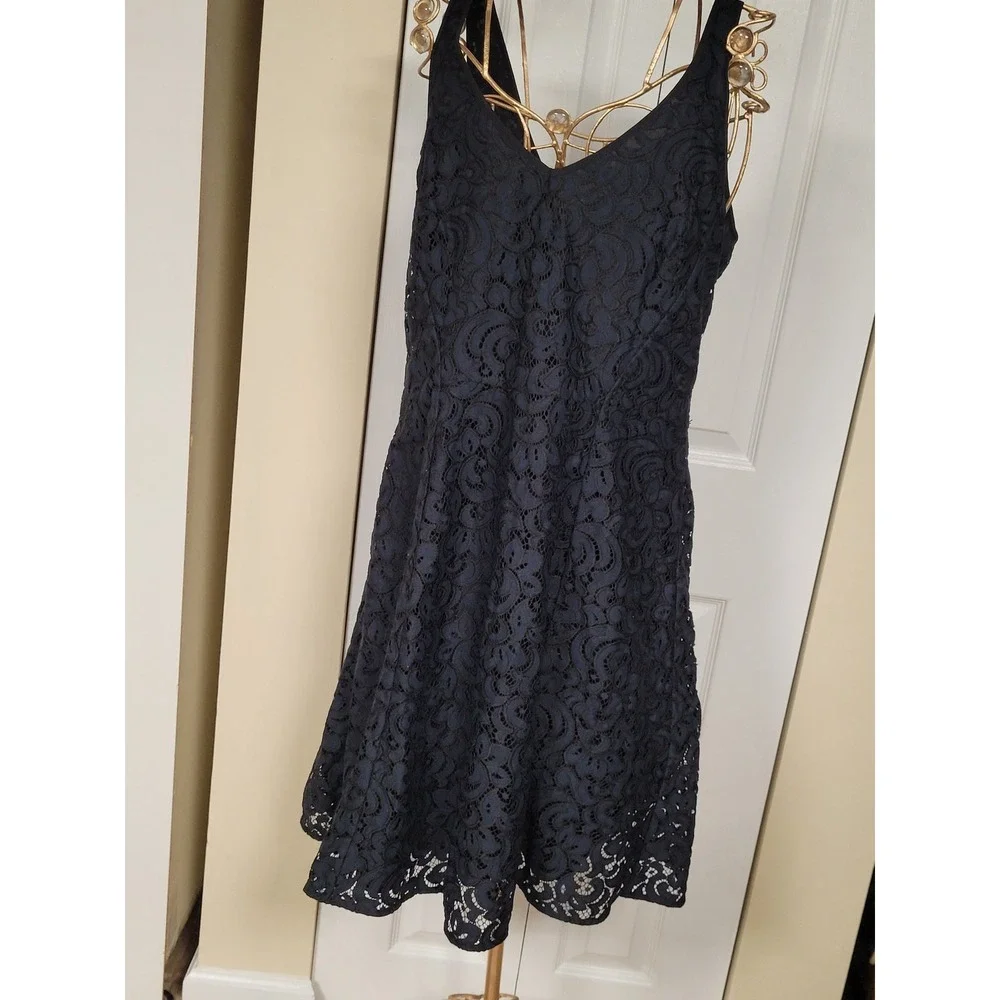 Loft Womens Navy/Black Whimsygoth Lace V-Neck Fit & Flare Cocktail Dress Size 10
